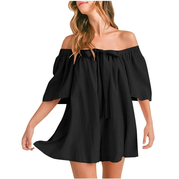Boho Off-Shoulder Romper - Women's 2025 Flowy Wide Leg Jumpsuit with 3/4 Sleeves, Strapless Beach Shorts for Casual Summer & Vacation