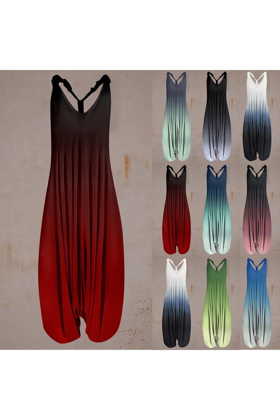 Boho Ombre Dye Casual Jumpsuit for Women, Sleeveless Wide Harem Pants Romper for Vacation & Daily Wear Black 2XL