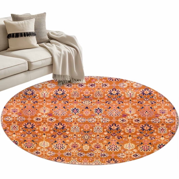 Boho Orange 3ft Area Rug, Country Style Bohemian Floral Retro Tribal Washable Non-Slip Small Round Rugs for Entryway Bedroom Kitchen, Soft Circle Carpet for Dining Room, Playroom Nursery Rug