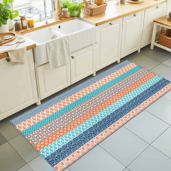 Boho Orange Abstract Geometric Rectangle Area Rug 2x6ft,Living Room Rug Non-Slip Washable Circle Rugs Pad,Morocco Ethnic Damask Floral Soft Floor Carpet for Bedroom Dining Room