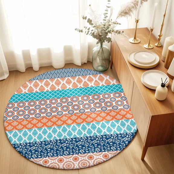 Boho Orange Abstract Geometric Round Rug 3ft Morocco Ethnic Damask Floral Washable Area Rugs for Living Room Bedroom Entryway Non Slip Entrance Door Mat Indoor Floor Carpet