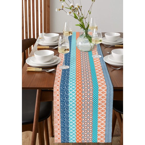 Boho Orange Abstract Geometric Table Runner 13x36in Non-Slip Cotton Linen Table Runners, Morocco Ethnic Damask Floral Dresser Scarves TableRunner for Dinner Kitchen Dining Wedding Party