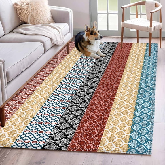 Boho Orange Area Rug 4x6 FT, Non Slip Kids Room Carpet, Yellow Geometric Stripes Turquoise Bohemia Washable Soft Floor Carpet Non-Shedding Throw Rug for Dorm Kitchen Study Room Home Office Bedside