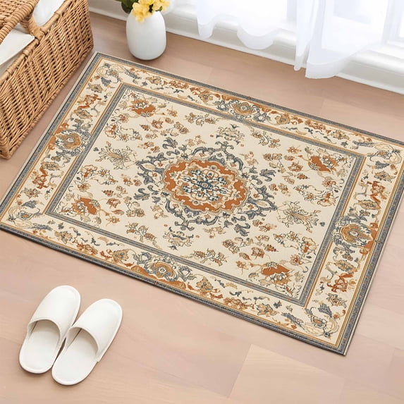 Boho Orange Bathroom Rug Washable 2x3 Entryway Rug Non Slip Southwestern Ethnic Geometric Vintage Front Door Mat Low Pile Indoor Doormat Throw Floor Carpet for Kitchen Bedroom Entrance