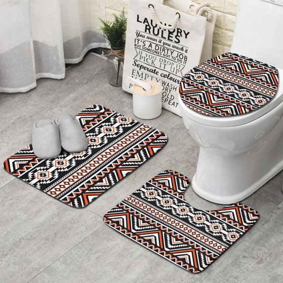 Boho Orange and Black Geometric Ethnic Pattern Bathroom Rugs Sets 3 Piece,Toilet Cover Set,Absorbent Non Slip Bathroom Mats Sets with U-Shaped Contour Rug Toilet Rug Set
