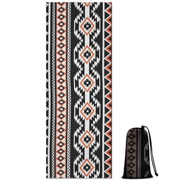 Boho Orange and Black Geometric Ethnic Pattern Hot Yoga Mat Towel Non Slip for Hot Yoga - Quick-Drying Yoga Mat Cover with 4 Corner Pockets with Travel Bag - Hot Yoga Towel Non Slip 74"x26"