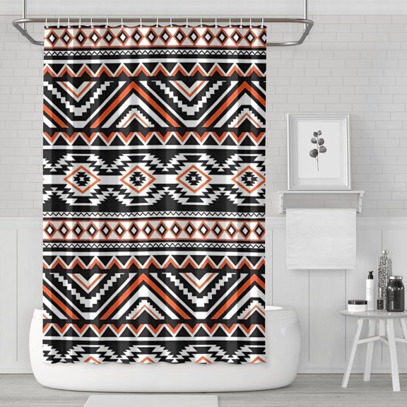 Boho Orange and Black Geometric Ethnic Pattern Shower Curtain 72"x72" ,Bathroom Decorative Shower Curtains Set with 12 Hooks,Modern Waterproof Washable Shower Curtain
