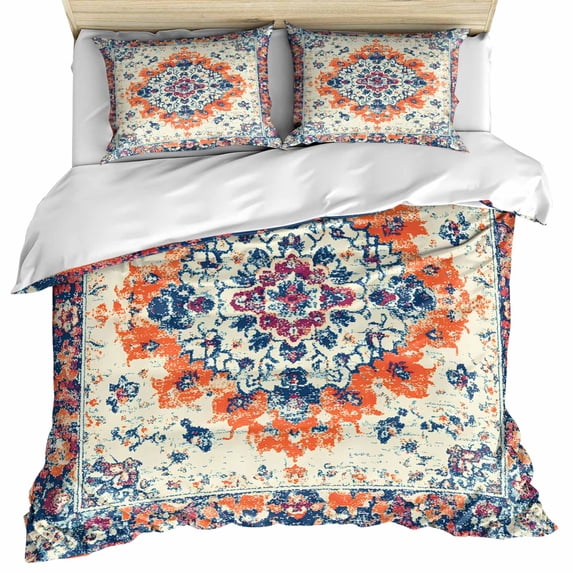 Boho Orange Blue Bedding 3 Piece Duvet Cover Set California King, Ethnic Vintage Boho Geometric Art Soft Microfiber Comforter Cover with Zipper Closure & Pillowcases, FadeResistant Quilt Cover