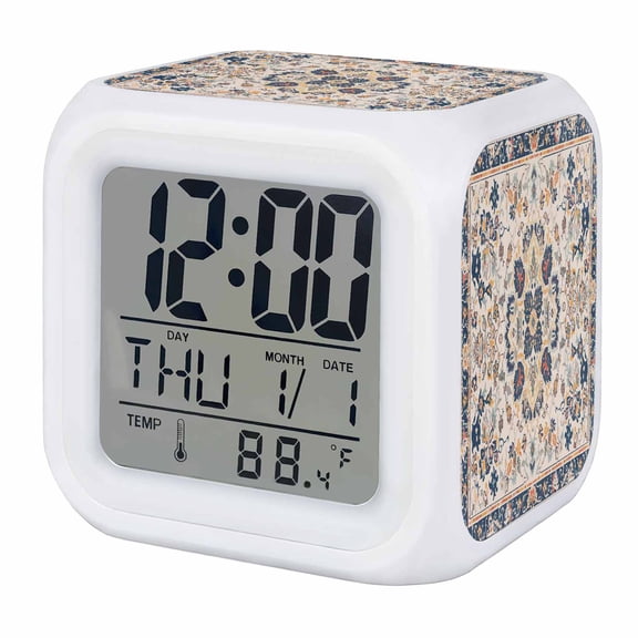Boho Orange Blue Digital Alarm Clock for Bedrooms,Smart LED Alarm Clock with 7 Color Night Light,Southwestern Ethnic Mexican Flowers Retro Silent Wake Up Clocks for Sleep Study Cooking 3.2"x3.2"