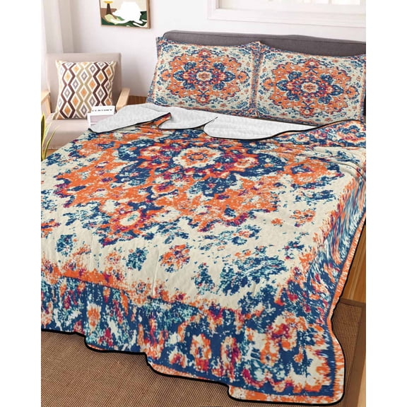 Boho Orange Blue King Size Down Alternative Comforter, Lightweight Comforter Quilt Bedding Set with Pillow Shams Boho Vintage Geometric Art Ethnic All Seasons Bed Comforter Duvet Insert 96"x106"