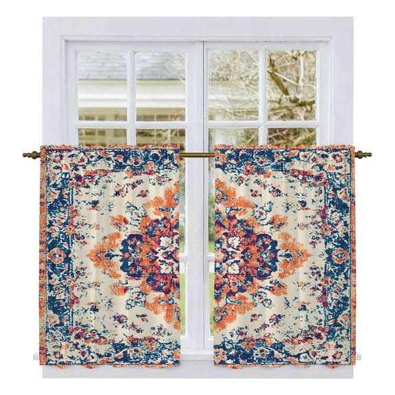 Boho Orange Blue Kitchen Curtains, Boho Vintage Geometric Ethnic Art Light Filtering Window Curtain Panels, 2Pcs Rod Pocket Window Treatments Set for Cabin Bathroom Bedroom 52x45 Inches