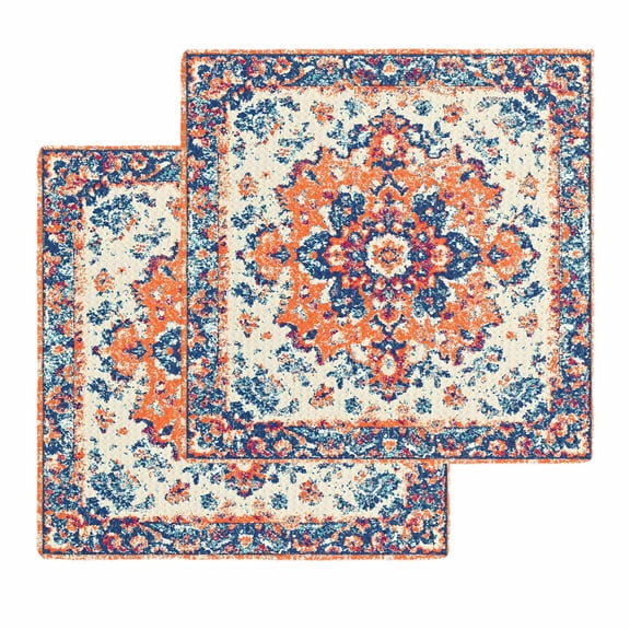 Boho Orange Blue Kitchen Dish Towels for Drying Dishes Set of 2, Boho Vintage Geometric Art Ethnic Waffle Weave Microfiber Hand Tea Bathroom Towels Quick Dry & Absorbent Towel 12x12