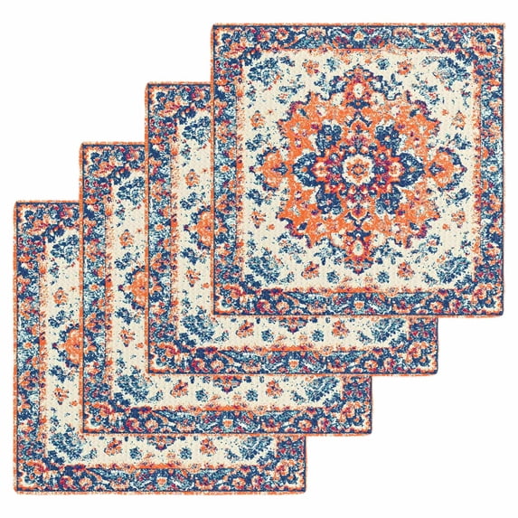Boho Orange Blue Kitchen Dish Towels for Drying Dishes Set of 4, Boho Vintage Geometric Art Ethnic Waffle Weave Microfiber Hand Tea Bathroom Towels Quick Dry & Absorbent Towel 12x12