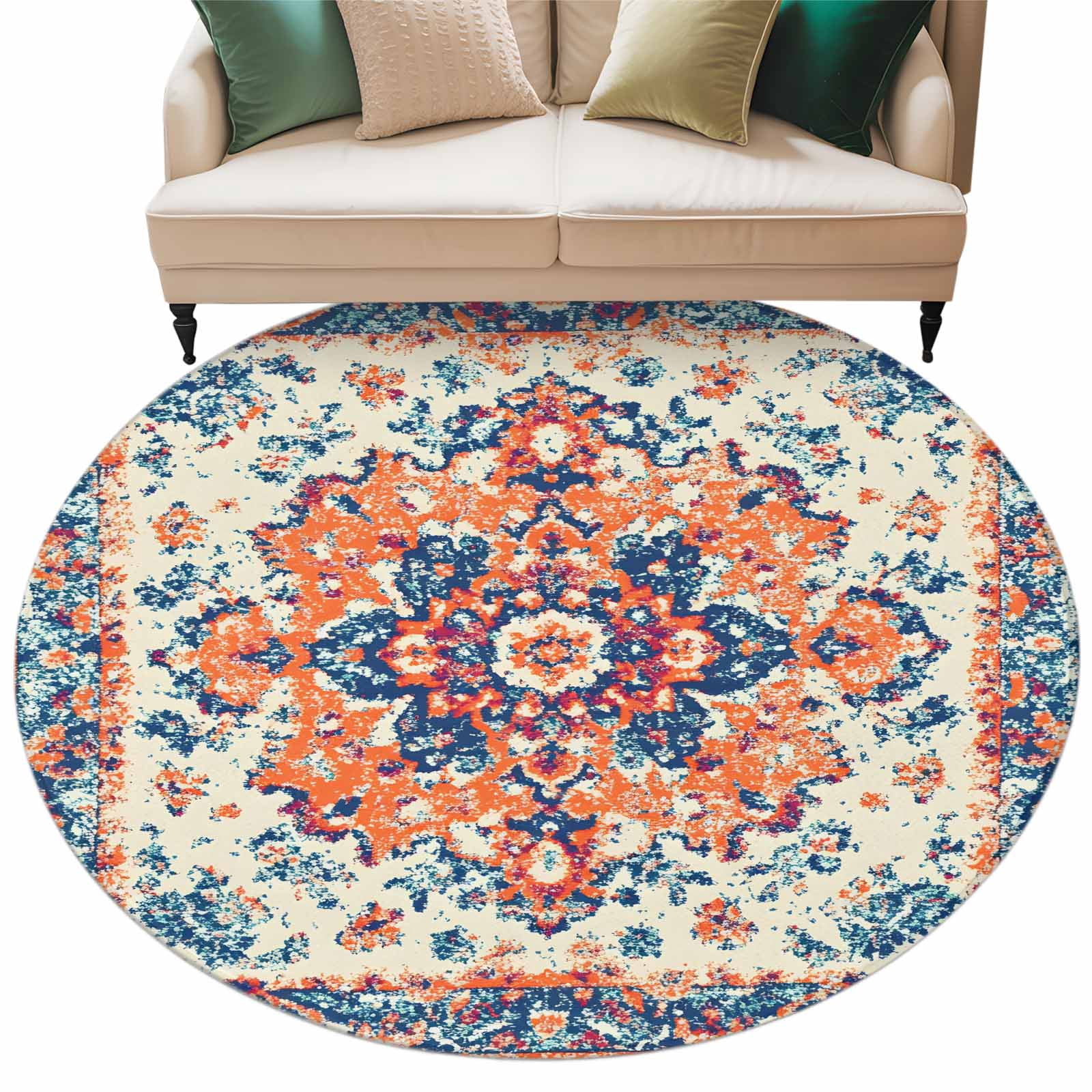 Large Round Area Rug Colorful Boho Orange Blue Large Area Rugs for Bedroom Living Room, Soft Non Slip ...
