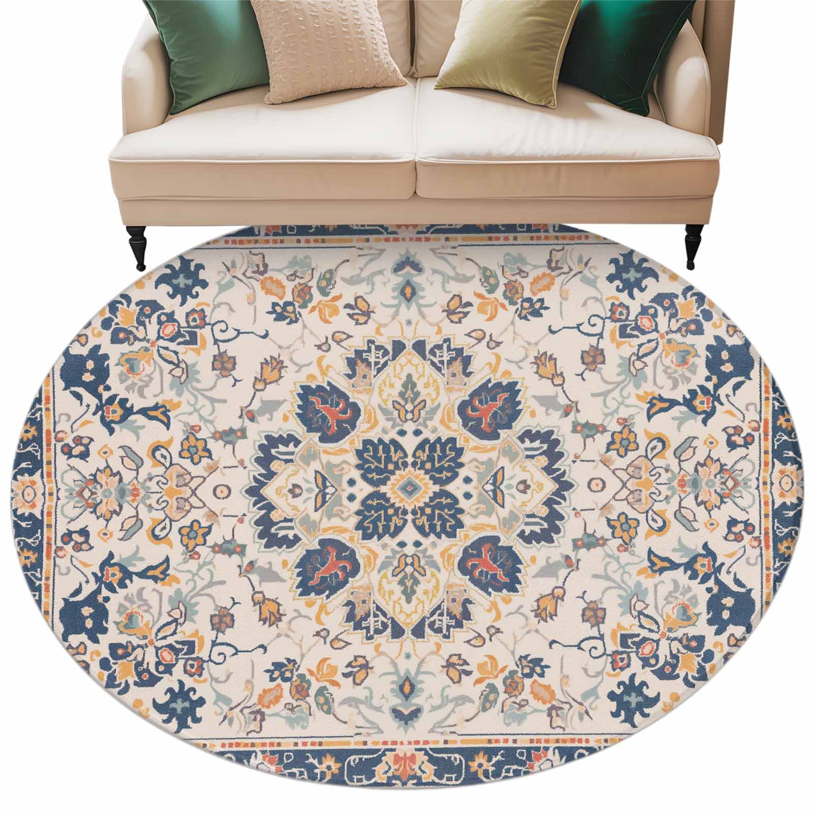Large Round Area Rug Colorful Boho Orange Blue Large Area Rugs for Bedroom Living Room, Soft Non Slip ...