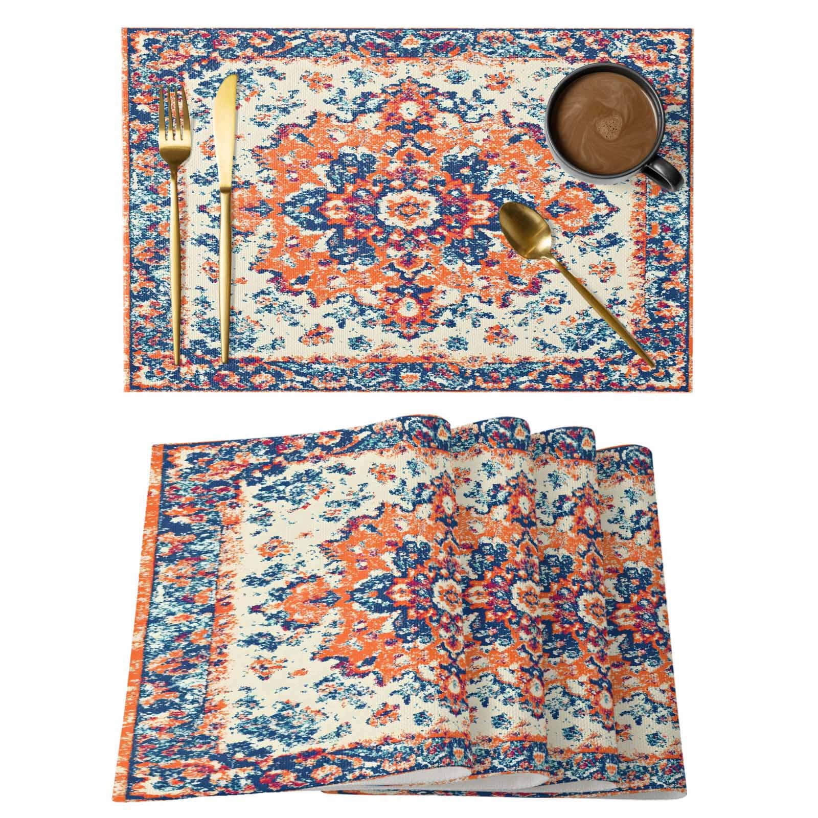 Boho Orange Blue Placemats Set of 12, Cotton Linen Fabric Place Mats ...