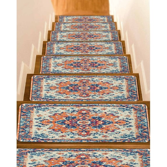 Boho Orange Blue Stair Treads for Wooden Steps Indoor Runner Rug Carpet, Boho Vintage Geometric Art Ethnic 7 Pieces Peel and Stick Staircase Step Treads Covers Washable Throw Door Mats, 30"x8"