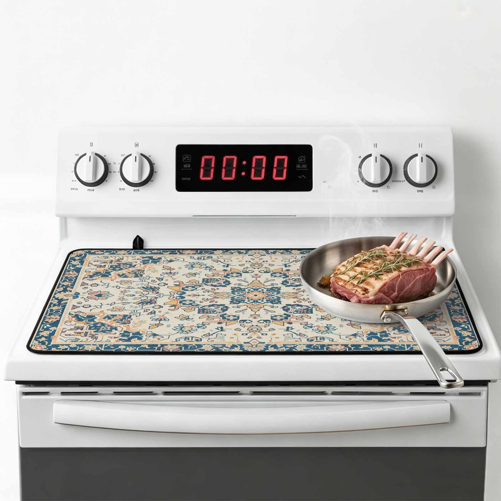 Boho Orange Blue Stove Top Cover for Electric Stove, Heat-proof & Non Slip Glass Top Stove Cover Protector, Southwestern Ethnic Mexican Flowers Rustic Kitchen Flat Cooktop Rubber Mat 24x21 Inches