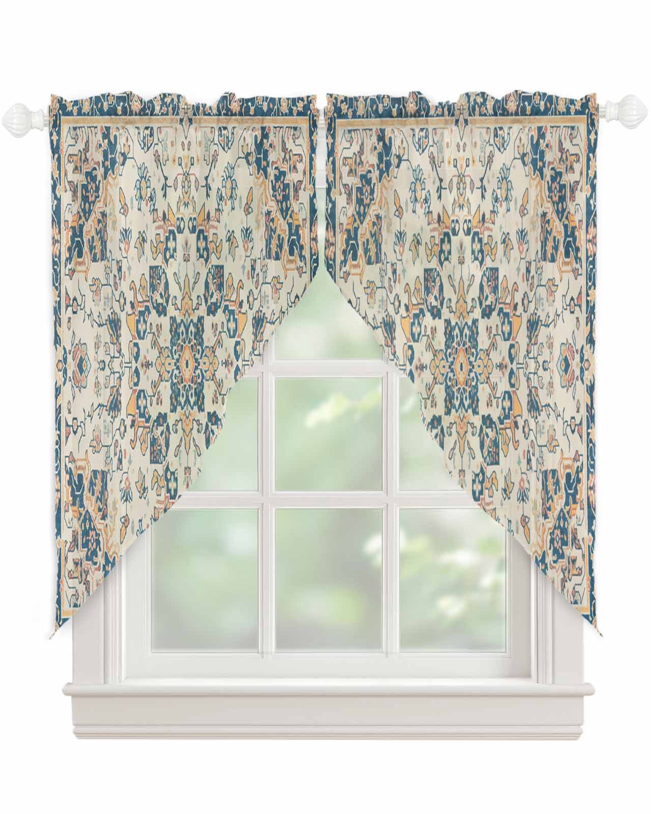 Boho Orange Blue Swag Valances for Windows, Southwestern Ethnic Mexican