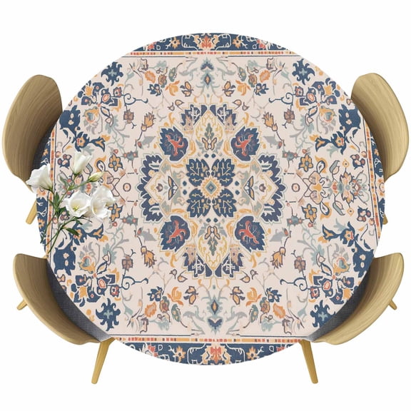 Boho Orange Blue Table Cloth, Round Fitted Tablecloths with Elastic Edge, Southwestern Ethnic Mexican Flowers Retro Wipeable Waterproof Table Cover for Kitchen Wedding 55-60 Inches