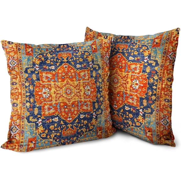 Boho Orange Blue Throw Pillow Covers 16x16 inch Set of 2, Bohemian Carpet Double Sided Pattern Soft Plush Cushion Cover for Couch Sofa Bed Decorative, Only Pillowcase (No Insert)