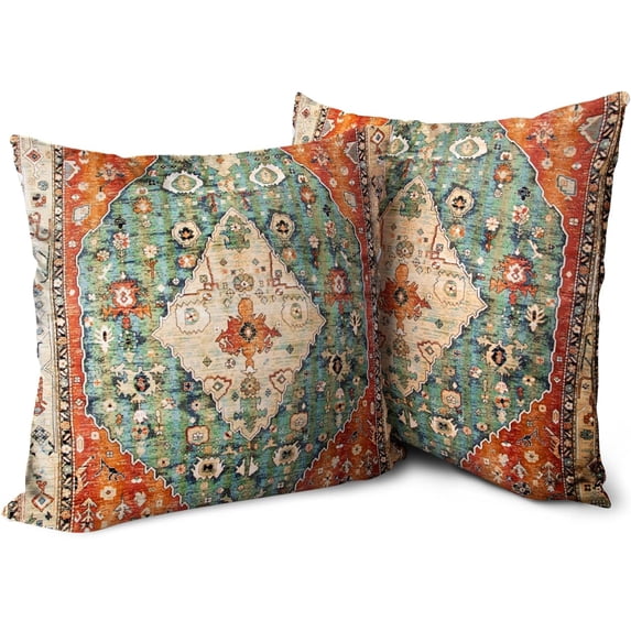 Boho Orange Blue Throw Pillow Covers 20x20 inch Set of 2, Bohemian Persian Carpet Double Sided Pattern Soft Plush Cushion Cover for Couch Sofa Bed Decorative, Only Pillowcase (No Insert)