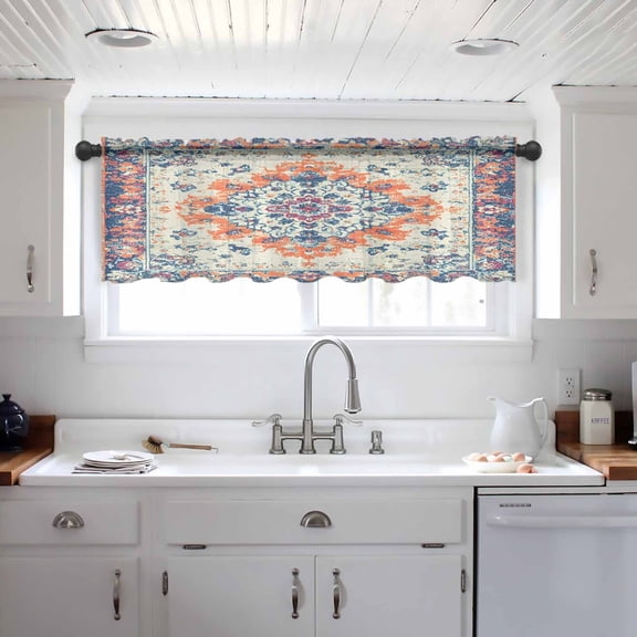 Boho Orange Blue Valance Curtains for Kitchen/Living Room/Bathroom/Bedroom Window, Ethnic Vintage Boho Geometric Art Rod Pocket Small Topper Half Short Window Curtains Voile Sheer Scarf 42"x12"