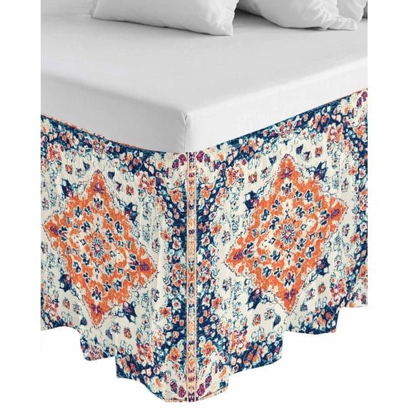 Boho Orange Blue Wrap Around Bed Skirts for Queen Bed 16" Drop,Bed Skirt with Adjustable Elastic Belt Dust Ruffle Bed Valance for Bedroom Hotel Ethnic Vintage Geometric Art Boho Bed Frame Cover