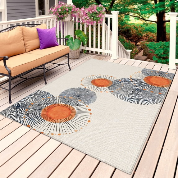 Boho Orange Cream Outdoor Rug for Patio/Deck/Porch, Non-Slip Large Area Rug 5 x 8 Ft, Geometric Middle CentuContemporary Art Indoor Outdoor Rugs Washable Area Rugs, Camping Rug Carpet Runner