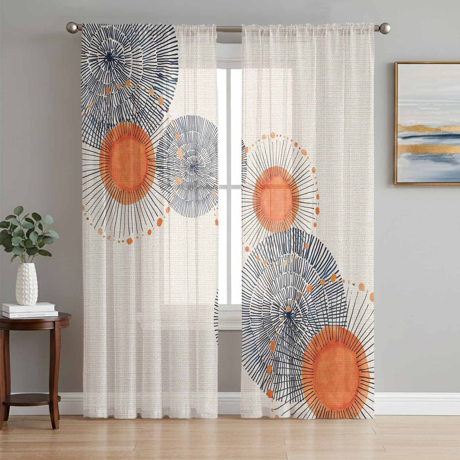 Boho Orange Cream Sheer Curtains 84 Inch Length 2 Panels Set, Geometric ...