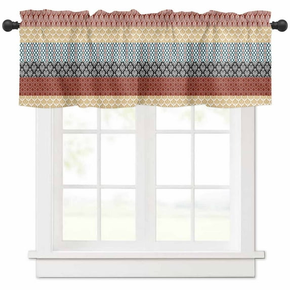 Boho Orange Curtain Valance for Windows/Kitchen/Living Room/Bedroom, Yellow Geometric Stripes Turquoise Bohemia Rod Pocket Window Treatment Short Drape Topper Small Tier Cafe Curtains Panel 54X18