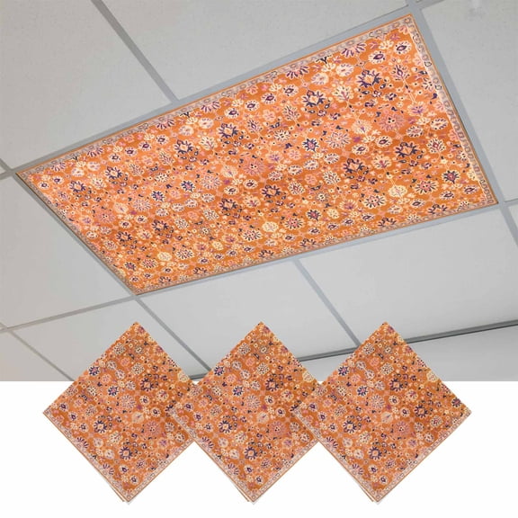 Boho Orange Fluorescent Light Covers, Country Style Bohemian Floral Retro Tribal Magnetic Light Covers for Ceiling Lights, Fluorescent Ceiling Shade Filters for Classroom Bedroom Office 4x2Ft x 3PCS