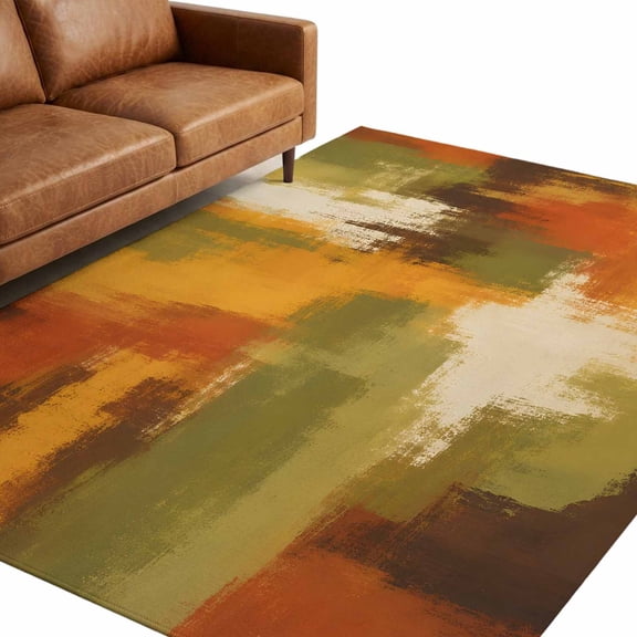 Boho Orange Green 9'x12' Large Area Rugs Fall Abstract Art Country Minimalist Rustic Washable Area Rugs Non-Slip Indoor Floor Mats for Villa Parlour, Hotel Lounge, Recreation Room
