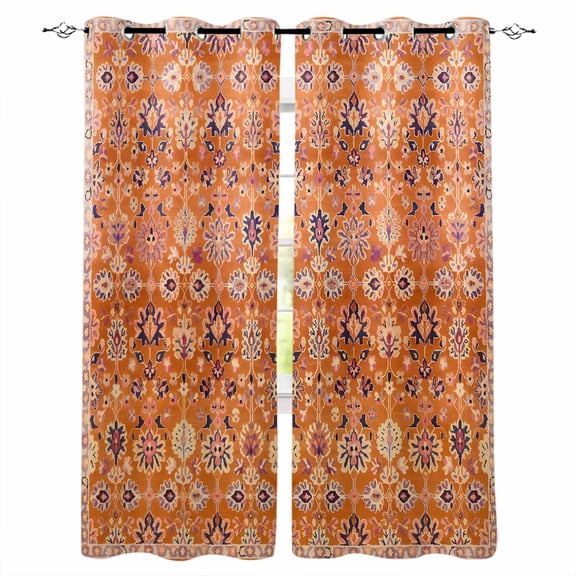 Boho Orange Kitchen Curtains Country Style Bohemian Floral Retro Tribal Cafe Short Curtains for Bathroom Blackout Window Curtain Small Window Treatment Drapes for Bedroom Living Room 42"x45"x2