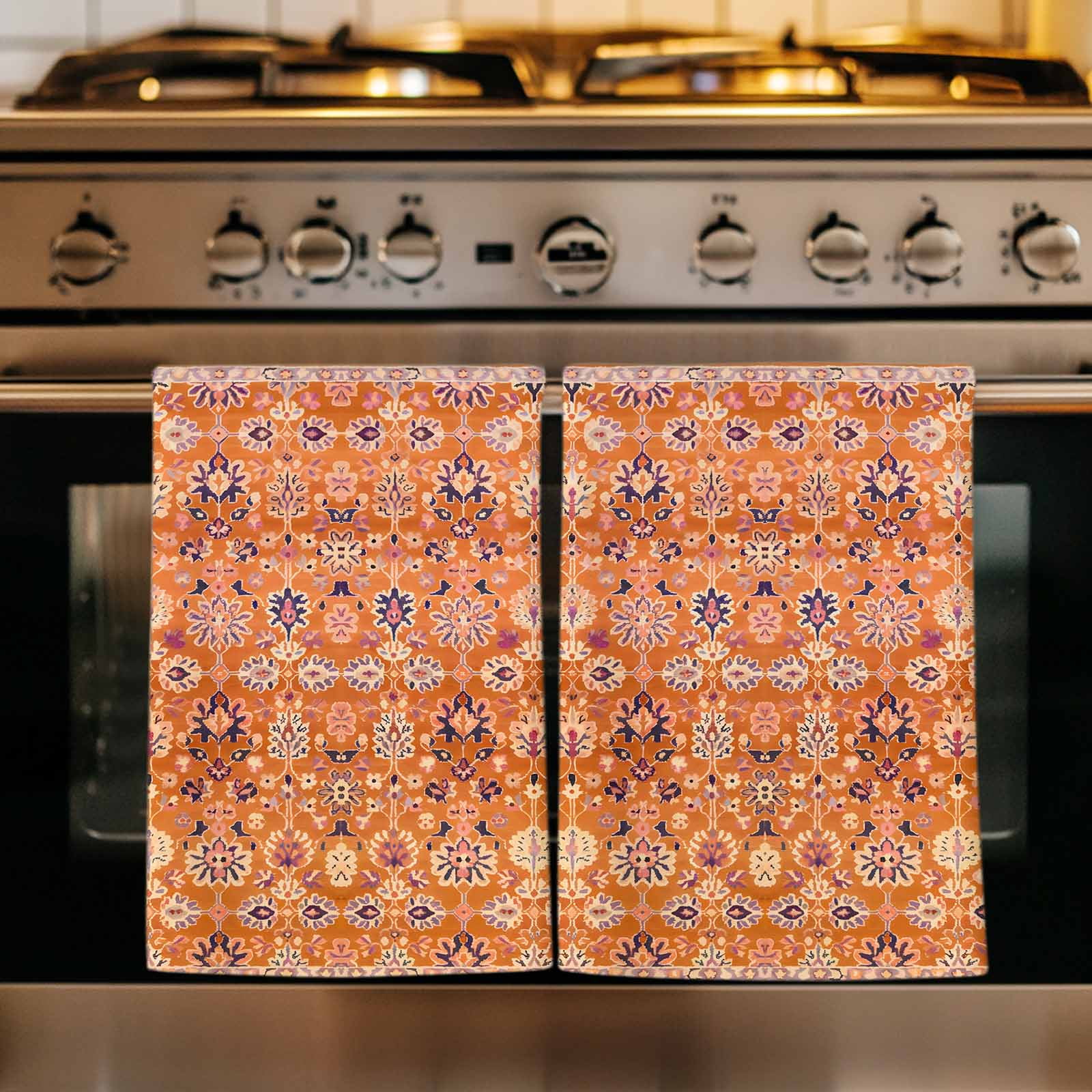 Boho Orange Kitchen Towels Set of 2, Country Style Bohemian Floral Retro Tribal Absorbent Dish Towels for Kitchen, Microfiber Hand Towel, Quick Drying Tea Towel for Cleaning Decorative Dishcloths