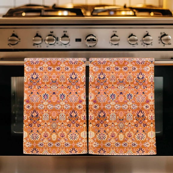 Boho Orange Kitchen Towels Set of 2, Country Style Bohemian Floral Retro Tribal Absorbent Dish Towels for Kitchen, Microfiber Hand Towel, Quick Drying Tea Towel for Cleaning Decorative Dishcloths