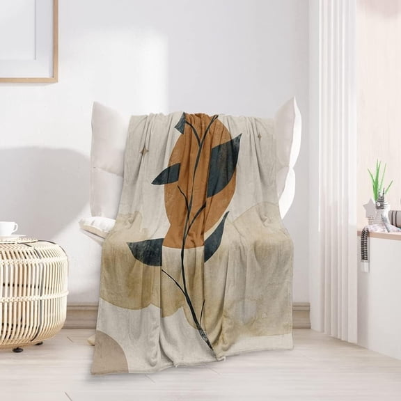 Boho Orange Mid Century Throws Blankets Beige Modern Abstract Throw Blankets Minimalist Sun Leaves Geometric Aesthetic Soft Warm Bed Bedding Women Blankets for Couch Bedroom Office 50"x60"