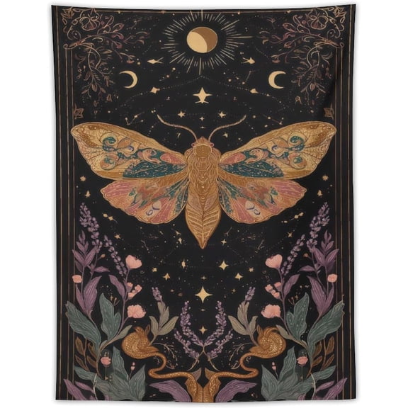 Boho Orange Moth Flowers Tapestry Wall Hanging Dark Cottagecore Mystical Celestial Moon Art Print Vintage Gothic Aesthetic Butterfly Tapestries for Bedroom Living Room Dorm Decor 30x40inch