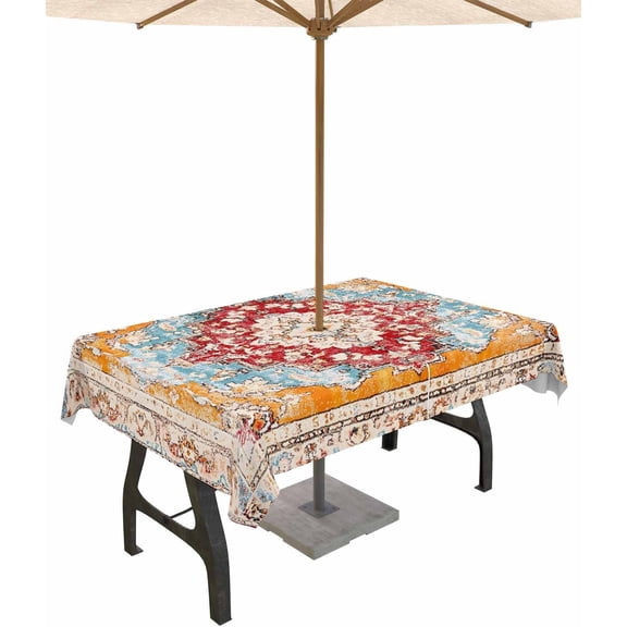 Boho Orange Outdoor Tablecloth with Umbrella Hole Rectangle, Farmhouse Bohemian Flower Textured Waterproof Table Cloth Washable Wipeable Cover Spill Proof for Patio Spring Summer Picnic BBQ 60"x84"