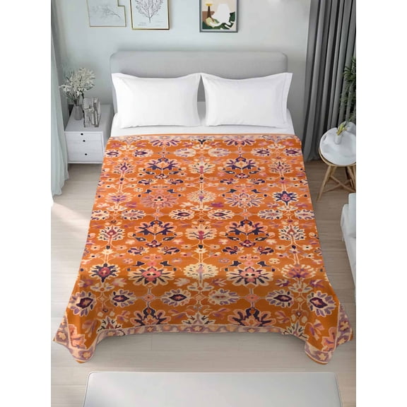 Boho Orange Queen Size Flat Sheet, Wrinkleproof & Fadeproof Cooling Flat Bed Sheet Only, Country Style Bohemian Floral Retro Tribal Breathable Soft Bedding Top Sheets 90 x 102 Inches