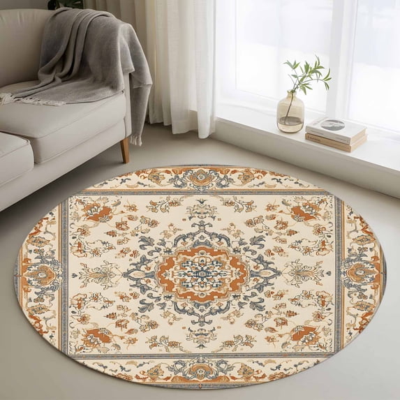 Boho Orange Round Rug 3.3ft Washable Circle Entryway Rugs Non Slip Southwestern Ethnic Geometric Vintage Area Rug Indoor Floor Carpet for Bedroom Kitchen Living Room Home Office Dining Room Nursery