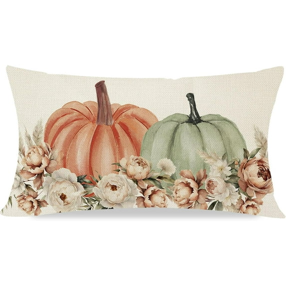 Boho Orange and Sage Green Pumpkin Fall Throw Pillow Cover 12x20 Inch Floral Pampas Autumn Farmhouse Cottage Decorations Lumbar Decorative Throw Pillows Cases for Home Living Room Decor