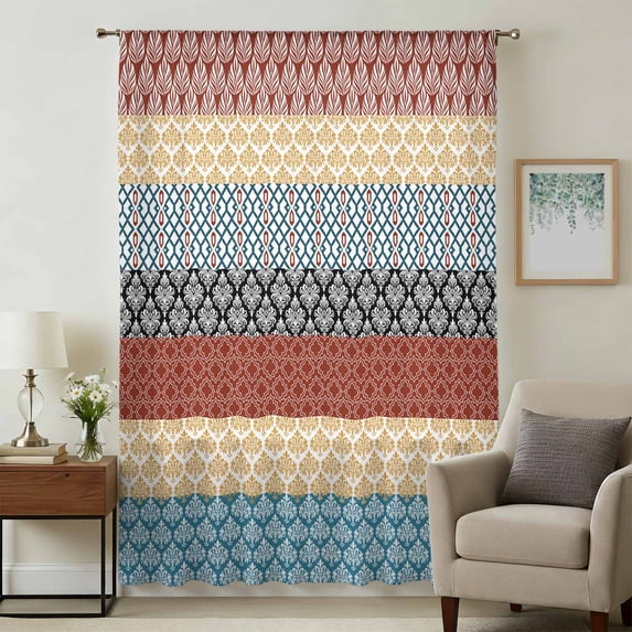 Boho Orange Sheer Curtains 63 Inches Long, Yellow Geometric Stripes ...