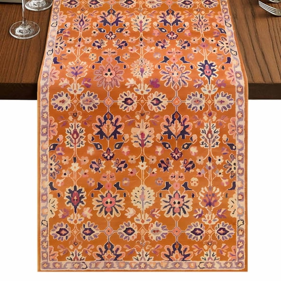 Boho Orange Short Table Runner 60 Inches Long,Country Style Bohemian Floral Retro Tribal Cotton Linen Table Runners Dresser Scarves,Fabric Tabletop Scarf Furniture Cover for Home Dinner Party 13"x60"