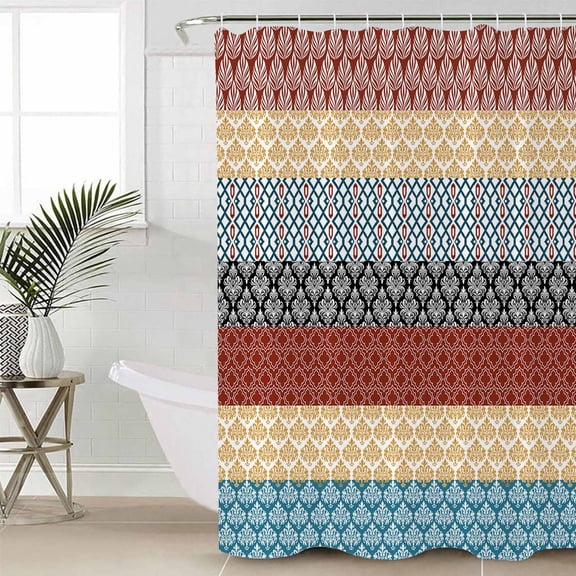 Boho Orange Shower Curtain Set, Waterproof Shower Curtains for Bathroom, Yellow Geometric Stripes Turquoise Bohemia Washable Fabric Cloth Bath Curtain for Bathtub Decoration with Hooks 60x72 Inches