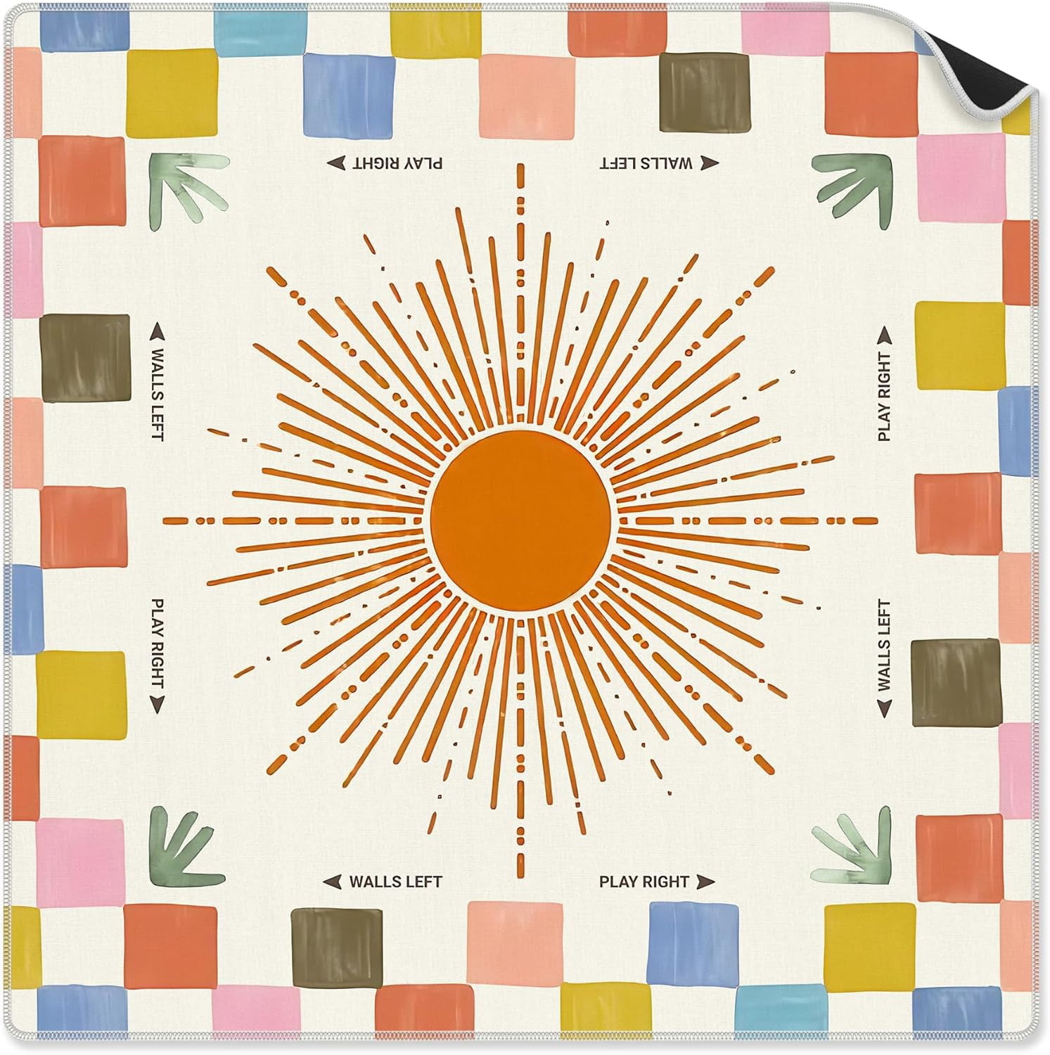 Boho Orange Sun Checkered Mahjong Mat 31.5 x 31.5 Inch, Retro Colorful Plaid Sunray Non-Slip Noise Reduction Mahjong Table Mat for American Mah Jong Poker Card Board Games Dominoes