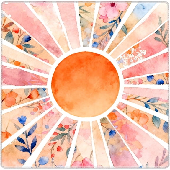 Boho Orange Sunshine Floral Mahjong Mat 31.5 x 31.5 Inch, Mid Century Modern Sun Non-Slip Noise Reduction Gaming Mat for Dominoes Poker Card Board and Tile Games