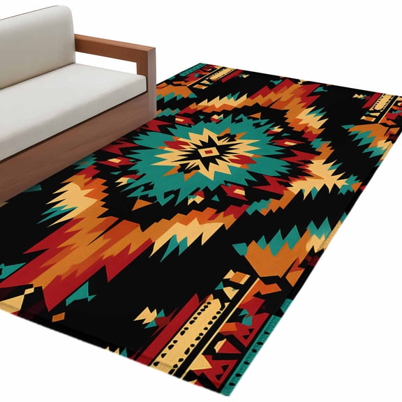 Boho Orange Teal 3'x5' Washable Rug, Geometric Vintage Southwestern Ethnic Non-Slip Area Rugs for Entryway Kitchen Classroom, Dorm Throw Carpet, Low Pile Soft Indoor Floor Mat