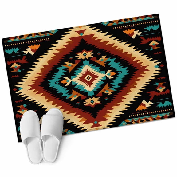 Boho Orange Teal Bathroom Mat 2x3 FT, Non Slip Small Kitchen Mat, Southwestern Abstract Geometric Ethnic Washable Soft Backed Front Door Throw Rug Indoor Outdoor Doormat for Entryway Sink