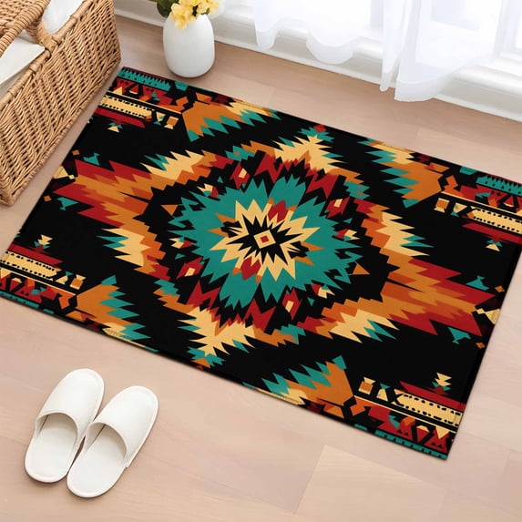 Boho Orange Teal Bathroom Mats 2x3 FT,Non Slip Small Kitchen Mat,Geometric Vintage Southwestern Ethnic Washable Soft Backed Front Door Throw Rugs Non-Shedding Indoor Outdoor Doormat for Entryway Sink